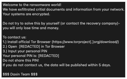 Daixin ransomware note